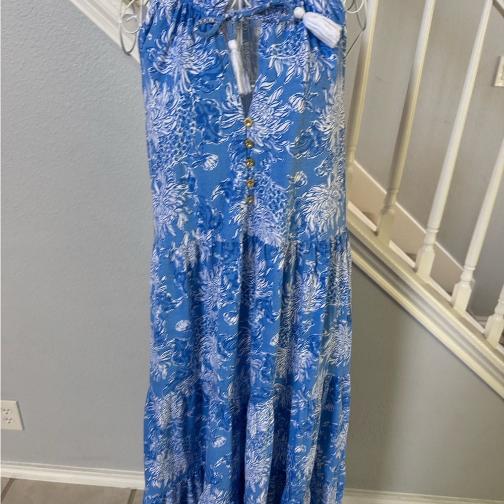 Lilly Pulitzer Malone Maxi Dress Las Olas Aqua Strong Current Sea Sz L - Picture 4 of 12